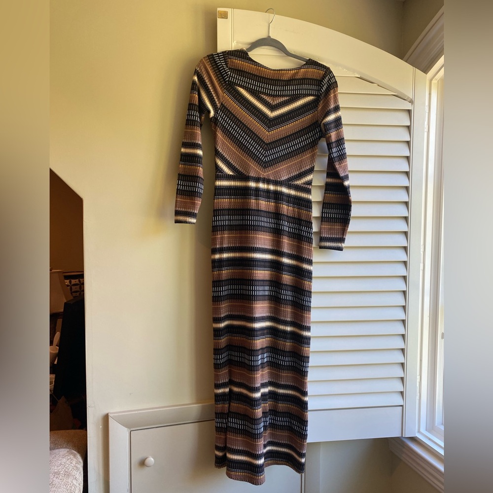 Maeve Anthropologie Wrap Midi Dress Striped Black & Brown XS - Picture 6 of 10